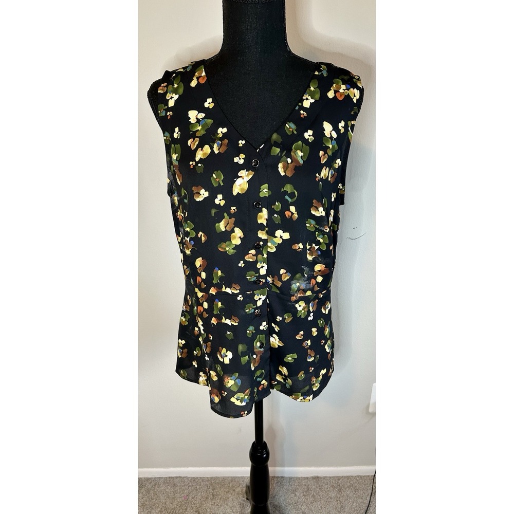 Cabi Sleeveless Blouse Black Floral V Neck Peplum Chiffon Style 6110 Size M